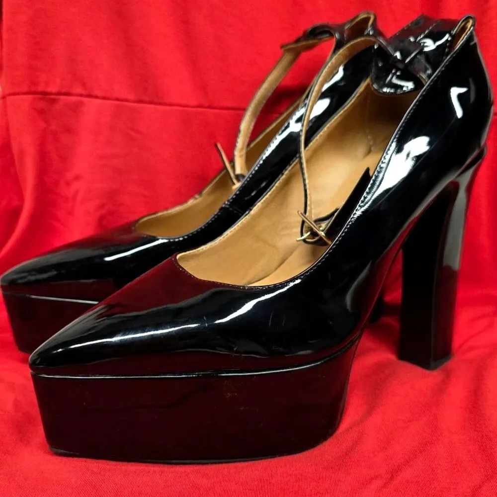 Chunky Platform Black Heels with Ankle Strap Size 8 1/2 US Size 39 EUR